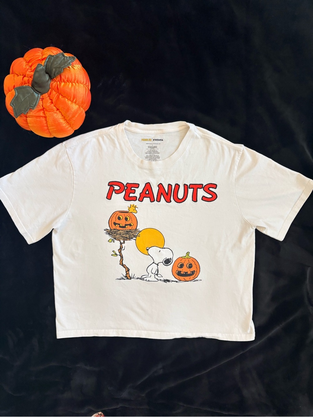 Peanuts RSQ Snoopy Woodstock Cream Tee with Red Logo and Orange Pumpkins
